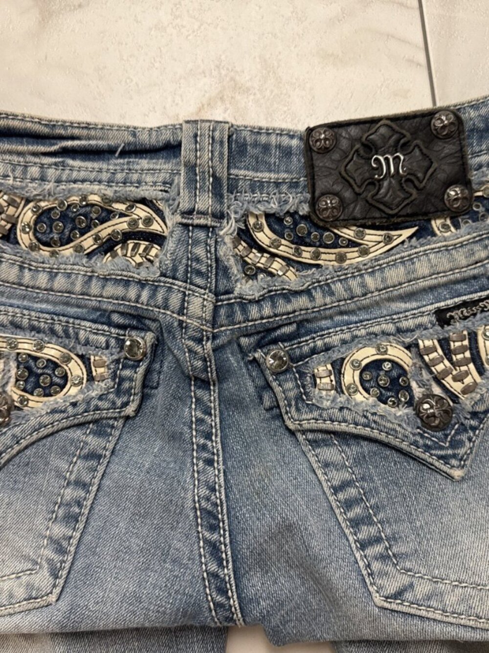 Miss Me Jeans Womens 26 Blue Denim Embellished Bling Sequin Low 30x32 Distressed